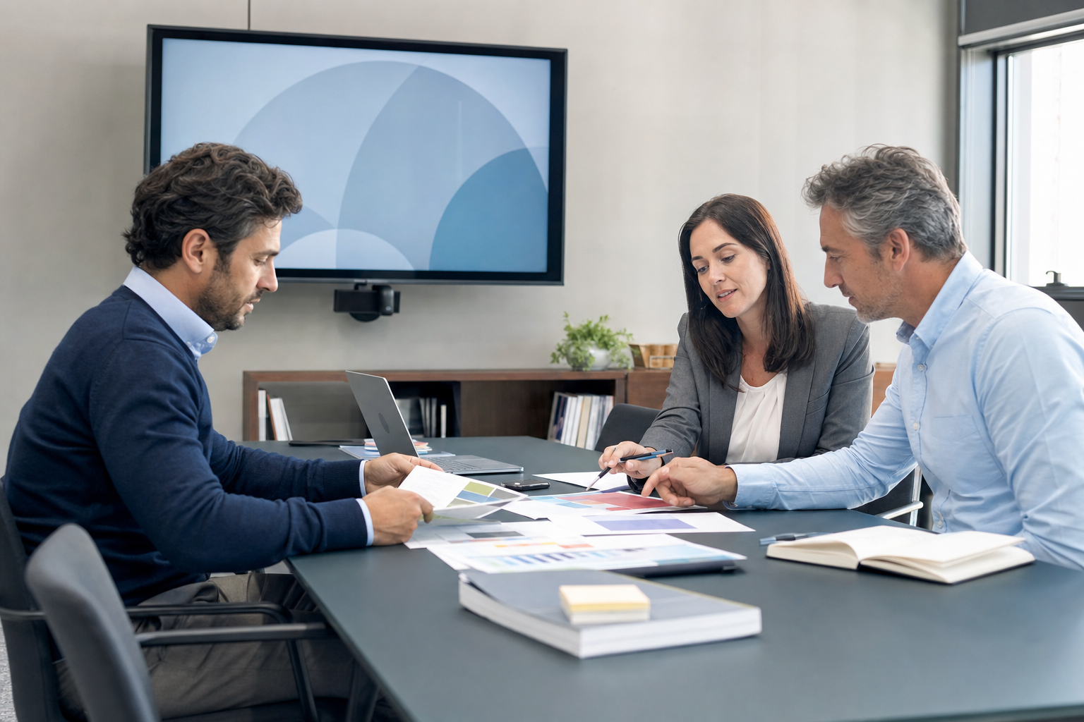 Equipo revisando documentos de política editorial en sala de trabajo empresarial